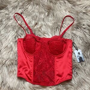 Sincerely Jules Satin Red Lace Corset Bustier Cami Lingerie Crop Strapless Tank